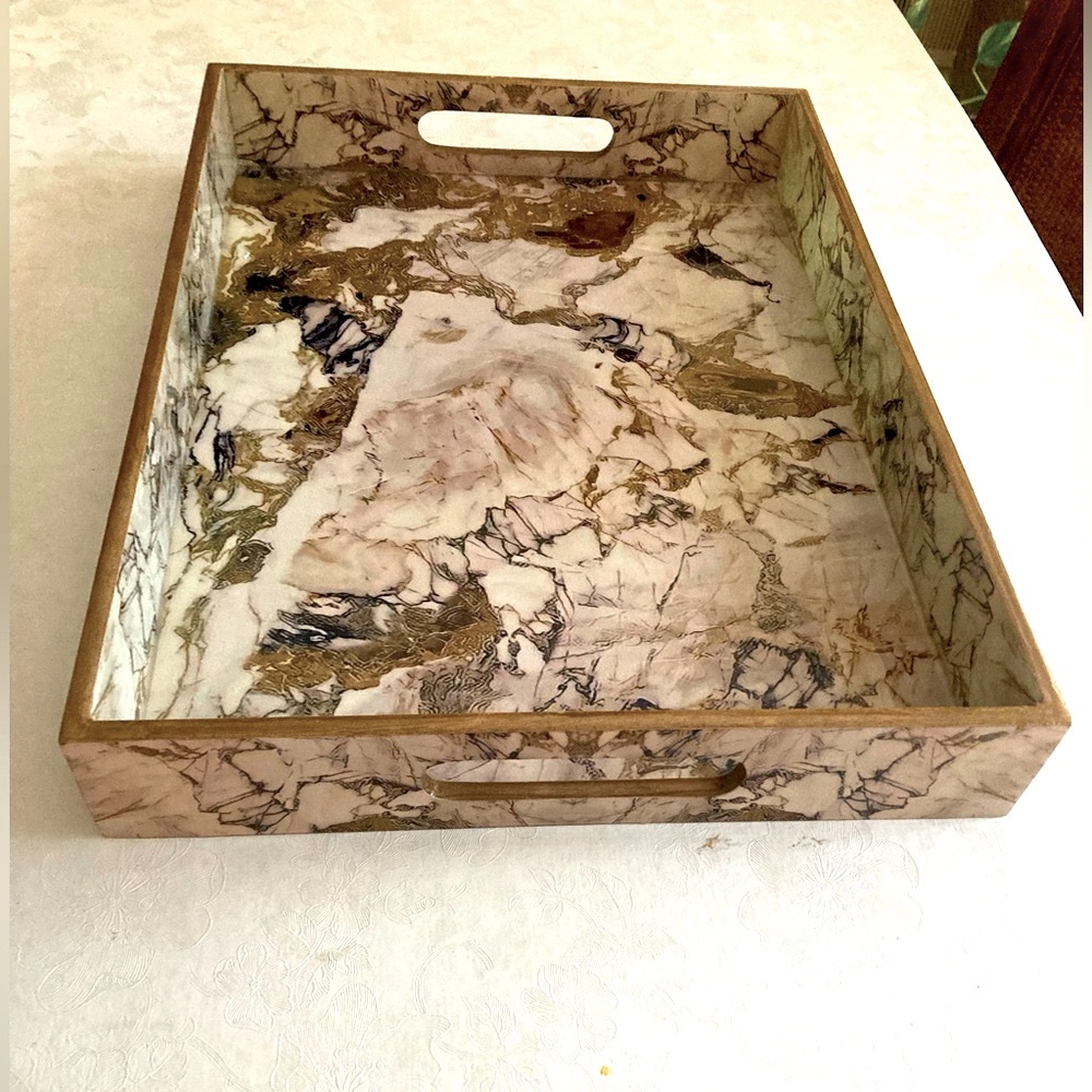 Granite look “modged” serving tray with handles.